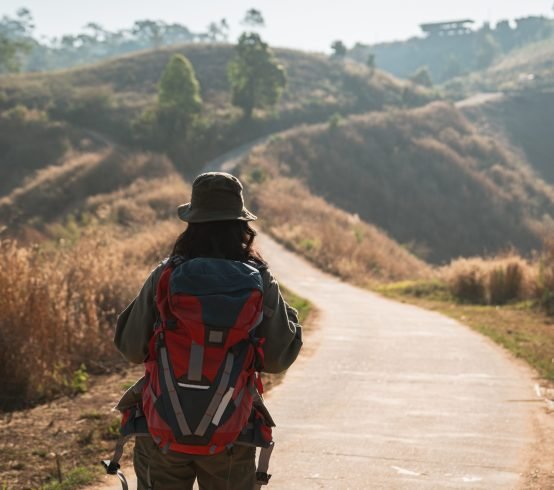 Travelers hiking with backpack traveling in forest wild and look around and explore while walking in nature wood. happy holiday vacation trip.